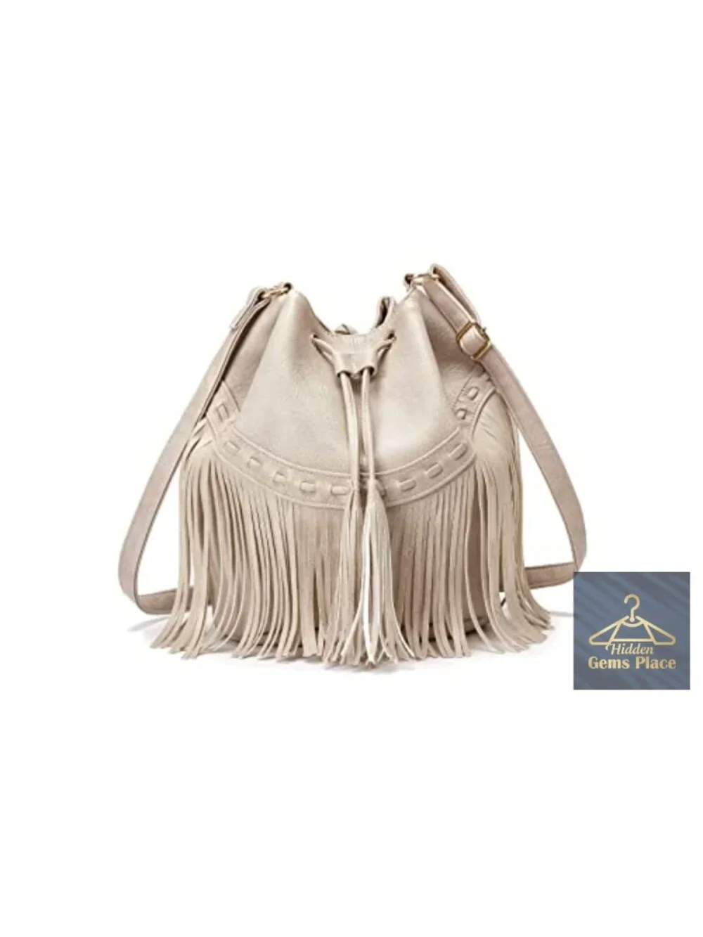 Vintage Fringe Bucket Bag with Drawstring - Faux Leather Crossbody